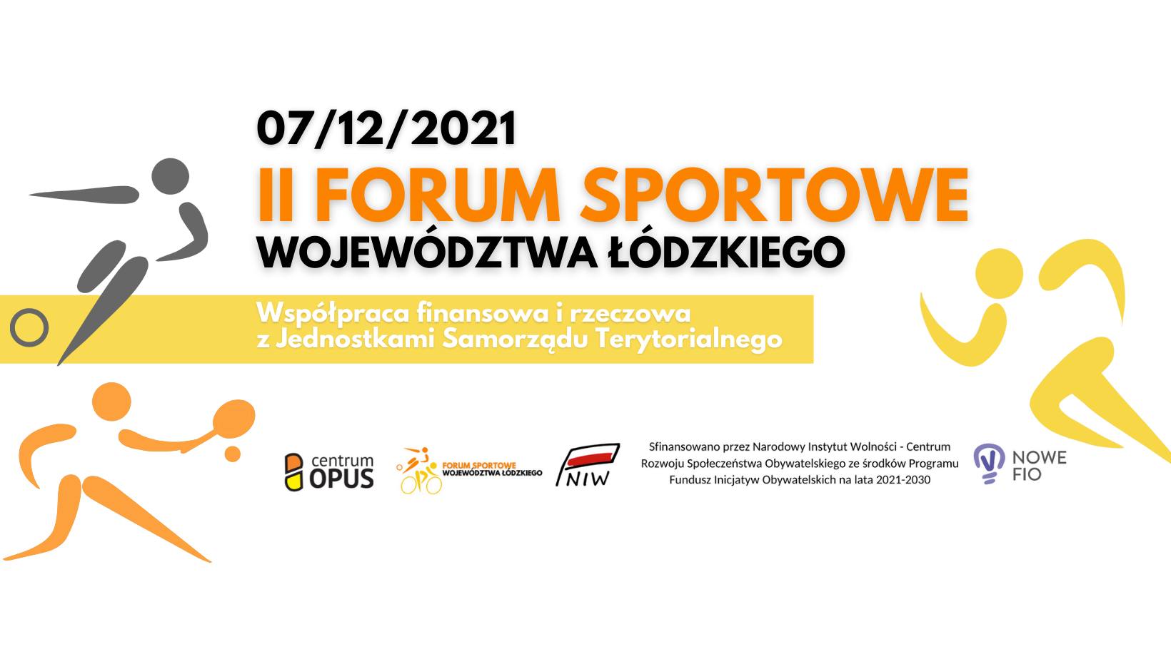 Grafika przedstawia informację na temat II Forum Sportowego Wojewodztwa Łódzkiego, które odbędzie się 7 grudnia.