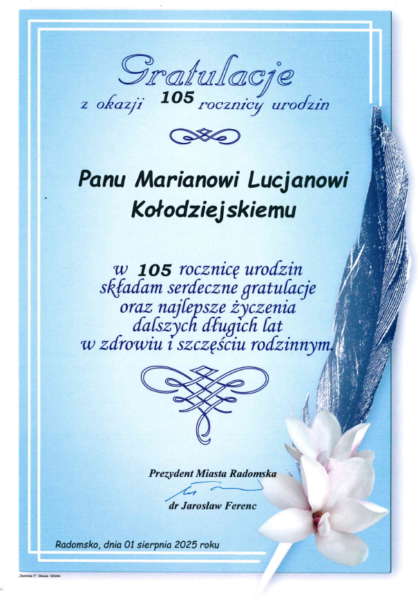 105. urodziny Mariana Kołodziejskiego – najstarszego mieszkańca Radomska