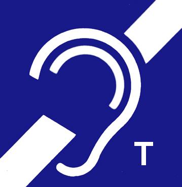 logo pętli indukcyjnej, biały pas po przekątnej, na nim białe ucho, w prawnym dolnym rogu drukowana litera T