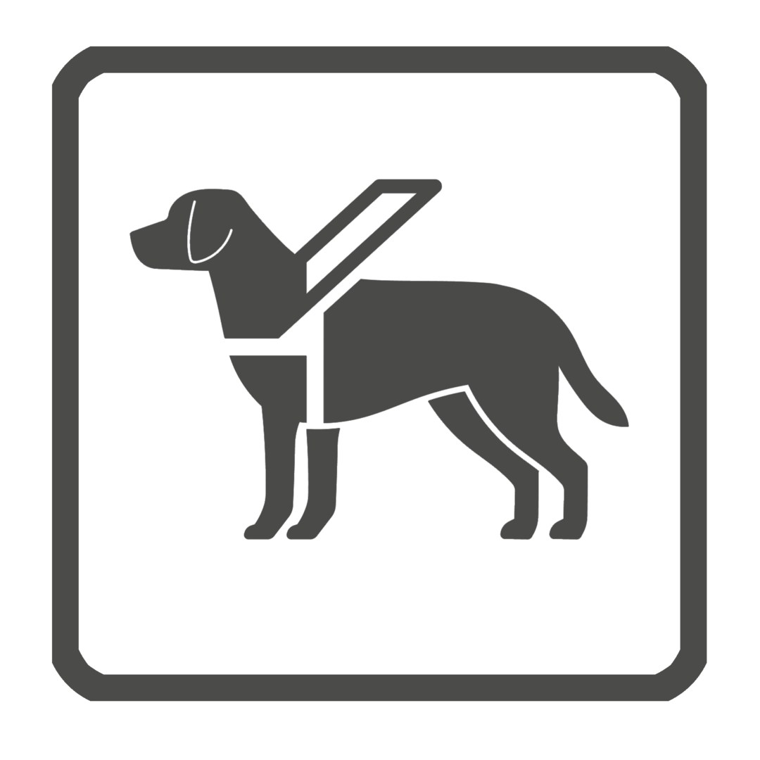 logo oznaczające możliwość wejścia z psem asystującym lub psem przewodnikiem, czarny pies w uprzęży na białym tle